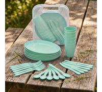 (Blue) GEEZY Large Plastic Picnic Camping Party Dinner Plate Mug Cutlery Set Storage Box