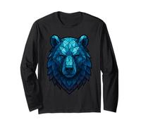 Blue Geometric Bear Face Art Design Long Sleeve T-Shirt
