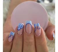 Blue Geometric French Tip Wave Lines Heart Design Short Square Press-On Nails - Reusable Stick On Nails Set Featuring Light Blue Ombre Art and Polka Dots for Women Fashion Manicure