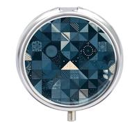 Blue Geometric Pattern Pill Box, 3 Compartment Small Pill Case Waterproof Travel Pill Organizer for Pocket Or Purse Portable Mini Medicine Tablet Vitamin Holder Pill Case