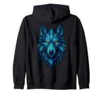 Blue Geometric Wolf Head Design Zip Hoodie