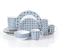 Waterside 16pc Blue & White Geo Porcelain Dinner Set; 4 Dinner Plates, Side Plates, Deep Bowls & Mugs - Dishwasher & Microwave Safe