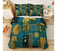 Blue Gilded Gold Bamboo Leaf Geometric Circle Bedding with Pillowcases, Modern Luxury Soft 100% Microfibre Easy Care Quilt Cover Super King for All Seasons
