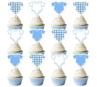 Blue Gingham Baby Shower Cupcake Toppers, 36PCS Blue Bodysuit Cupcake Toppers Paper Cake Decorations for Boys Girls Baby Shower Party Supplies Gender Reveal Deco