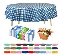 Blue Gingham Checkered 12 Pack Standard Disposable Plastic Party Picnic Tablecloth 84" Inch Round Table Cover By Zimpleware