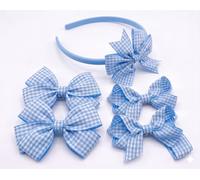 Blue Gingham Hair Accessories Set Including 4 Check Hair Bow Clips & 1 Hairband - Ideal for Matching BTS Back to School Summer Dresses Uniform, Perfect for Girls School Dress