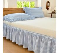 Blue Gingham Wrap Around Ruffled Bed Skirt with Lace Decor, Plaid Grid Adjustable Elastic Dust Ruffles for Twin Bed, 15 Inch Drop Farmhouse Cottage Pleated Bed Frame Cover(Blue Gingham, Twin)