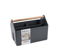 BLUE GINKGO Medium Storage Basket - Plastic Caddy with Wooden Handle for Office, Arts & Crafts, or Home Supplies (Grey)