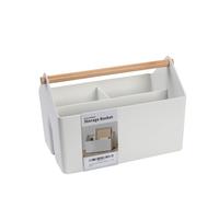 BLUE GINKGO Medium Storage Basket - Plastic Caddy with Wooden Handle for Office, Arts & Crafts, or Home Supplies (White)