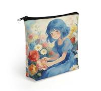 Blue Girl And Flowers Makeup Bag with Sturdy Zipper，Linen Material Storage Bag,Large Capacity And Multi-Purpose Cosmetic Bag for Daily Life, Travel, Outings, Business Trips And Other Occasions
