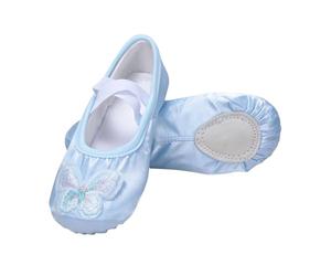 Blue Girls’ Classic Satin Ballet Shoes UK Size 7.5 Split-Sole Dance Slippers with Cross Elastic Strap Large Bow Slip-On Flats School Shoes Ballerina Trainers Body Shaped Exercise Footwear