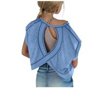 Blue Girls' Long-Sleeve Summer Tshirts Open-Back Athletic Tops - Soft Casual Outing Crop Tops for Dance Gym School Active Play Cute Loose Fit Activewear 13 Years