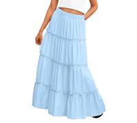 Blue Girls Skirts Elastic Waisted Ruffle Flowy Maxi Skirt High Rise Boho Casual Midi A Line Skirts Solid Plain Long Dress Twirly Swing Tiered Summer Skirt Beach Holiday Travel 8-9 Years