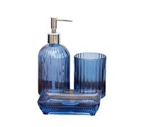Blue Glass 3 Piece Bathroom Accessory Set Sink Ribbed Lotion Dispenser Tumbler