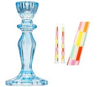 Blue Glass Candlestick Holder & Checkered Tapered Dinner Candles Table Bundle