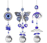 Blue Glass Evil Eye Butterfly Angel Sunflower Talisman Crystal Sun Catcher Pendant Handmade Good Luck Charm, Office, Car Decoration, Blessing Ornament (Set 3 Blue Eye WIth Crystal)