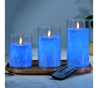 Blue Glass Real Wax Flameless Candles Flickering, Battery LED Pillar Candle