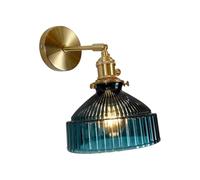 Blue Glass Wall Sconce Adjustable Arm Brass Gold Wall Light Fixtures Green Ribbed Glass Vintage Industrial Modern Mounted Lamp for Bedroom Bedside Living Room Kitchen Loft