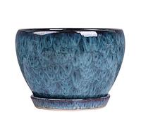 Blue Glazed Ceramic Flower Pot with Drainage Hole & Removable Saucer Modern Textured Planter for Succulents Orchids & Indoor Plants Office Decor