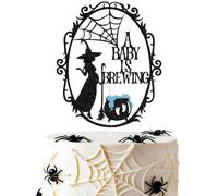Blue Glitter A Baby is Brewing Cake Topper, Little Boo Halloween Baby Shower Party Supplies, Pregnant Witch Cake Dexor for Baby Shower Gender Reveal Party Decorations