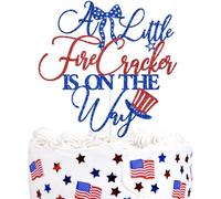 Blue Glitter A Little Fire Cracker is on the Way Cake Topper, Little Miss Firecracker/Independence Day Welcome Baby, 4th of July Baby Shower Baby's Birthday Bridal Shower Party Decorations Supplies