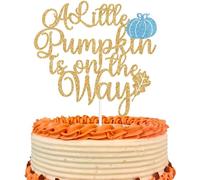 Blue Glitter A Little Pumpkin is on the Way Cake Topper, Pumpkin Baby Shower Gender Reveal Party Decorations Supplies for Baby Boys