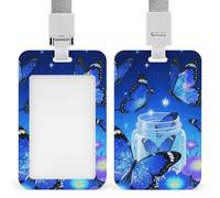 Blue Glitter Butterfly Badge Holder Vertical ID Badge Holder with Lanyard, Durable ABS Plastic - Waterproof Name Tag for Office, Teacher& Nurses