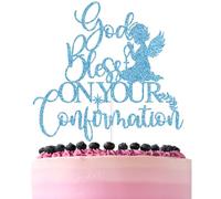 Blue Glitter God Bless on Your Confirmation Cake Topper, Mi Confirmation/My Baptism, Baptism Christening Bridal Shower Engagement Party Decorations Supplies