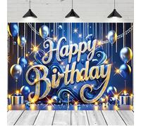 Blue Glitter Happy Birthday Backdrop for Birthday Wedding Prom Graduation Photography Background Party Glitter Blue Balloon Party Decorations (A, 7X5FT)