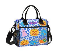 Blue Glitter Leopard Print Halloween Pumpkin Lunch Bags for Men with Water Bottle Holder Lunch Boxes Women with Shoulder Strap Ladies Camping S