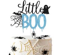 Blue Glitter Little Boo Cake Topper, A Baby is Brewing/A Little Boo is Almost Due, Funny Halloween Spider Baby Shower Party Decorations Supplies