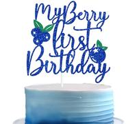 Blue Glitter My Berry First Birthday Cake Topper, Blueberry One/Berry My 1st Birthday, Blueberry Themed Baby Shower Party Decorations Supplies
