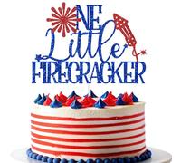 Blue Glitter One Little Firecracker Cake Topper, 4th of July Independence Day Baby's 1st Birthday décor, Funny Baby Shower Party Decorations Supplies