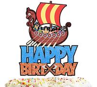 Blue Glitter Pirate Ship Cake Topper Gold Viking Brave Barbarian Theme Decor Supplies Baby Shower Girls Boys Happy Birthday Party Decorations