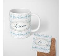 Blue Glitter Reindeer Ceramic Mug Large Handle Personalised Custom Name