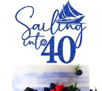 Blue Glitter Sailing into 40 Cake Topper, Cheers to 40 Years Décor, Nautical Sail Boat Sailor Themed 40th Birthday Party Decorations Supplies