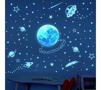 Blue Glow in The Dark Stars, Planets, Moon, Rocket Wall Stickers - 3D Luminous Ceiling & Wall Decals for Kids' Bedroom, Nursery & Living Room - Solar System, Astronaut & Alien Decor.