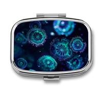 Blue Glowing Jellyfish Pill Case Box with 2 Compartment Medicine Vitamin Organizer for Purse Pocket 5.5x4cm