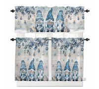 Blue Gnomes Christmas Kitchen Curtains Set Small Half Curtains 24 Inches Length, Xmas Ball Snowflake Rod Pocket Window Treatment, Gifts Botanical Winter Bedroom Tiers and Valance Set for Cafe Bathroom