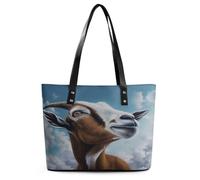 Blue Goat Print Tote Bag Large Soft Leather Purse with Zipper Lightweight Ladies Shoulder Handbag