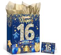 Blue Gold 16th Birthday Gift Bag, Navy Blue Gold Kids Happy 16th Party Gift Bag with Greeting Card and Tissue Paper for Boys & Girls 16 Year Old Anniversary Wrapping Bag Supplies