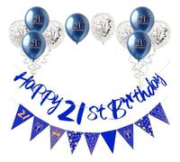 Blue Gold 21st Birthday Decor Kit - 12pcs Happy Birthday Bunting Banner, Triangle Flag & Balloons for Boys & Girls