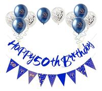 Blue Gold 50th Birthday Decorations Kit for Men Women - 12pcs Decor Set With Happy Birthday Bunting Banner, Triangle Flag, Balloons for Him Her Party