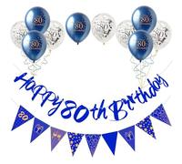 Blue Gold 80th Birthday Decorations Kit for Men Women - 12pcs Decor Set With Happy Birthday Bunting Banner, Triangle Flag, Balloons for Him Her Party