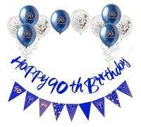 Blue Gold 90th Birthday Decorations for Men Women,12pcs 90th Birthday Decor Kit Happy 90th Birthday Bunting Banner Triangle Flag 90th Birthday Balloons for Him Her 90th Birthday Party Decorations