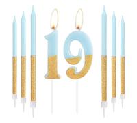 Blue Gold Birthday Candles, Gold Number 19 Candles with Long Candles, Blue Happy 19th Birthday Candles for Cake, Girls 19th Birthday Cake Decorations, Birthday Cake Toppers Girl, Wedding Anniversary