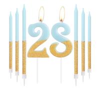 Blue Gold Birthday Candles, Gold Number 28 Candles with Long Candles, Blue Happy 28th Birthday Candles for Cake, Girls 28th Birthday Cake Decorations, Birthday Cake Toppers Girl, Wedding Anniversary