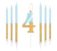 Blue Gold Birthday Candles, Gold Number 4 Candles with Long Candles, Blue Happy 4th Birthday Candles for Cake, Girls 4th Birthday Cake Decorations, 4th Birthday Cake Toppers Girl, Wedding Anniversary