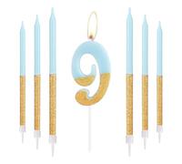 Blue Gold Birthday Candles, Gold Number 9 Candles with Long Candles, Blue Happy 9th Birthday Candles for Cake, Girls 9th Birthday Cake Decorations, 9th Birthday Cake Toppers Girl, Wedding Anniversary
