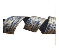Blue & Gold Brush Stroke Christmas 63mm Wide Wire Edged Ribbon Wreath Party Decorations Gift Wrap Presents Craft - No Roll - 5 Meter